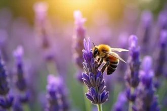 Abeille butineuse sur une fleur de lavande dans un jardin naturel, gros plan macro réaliste