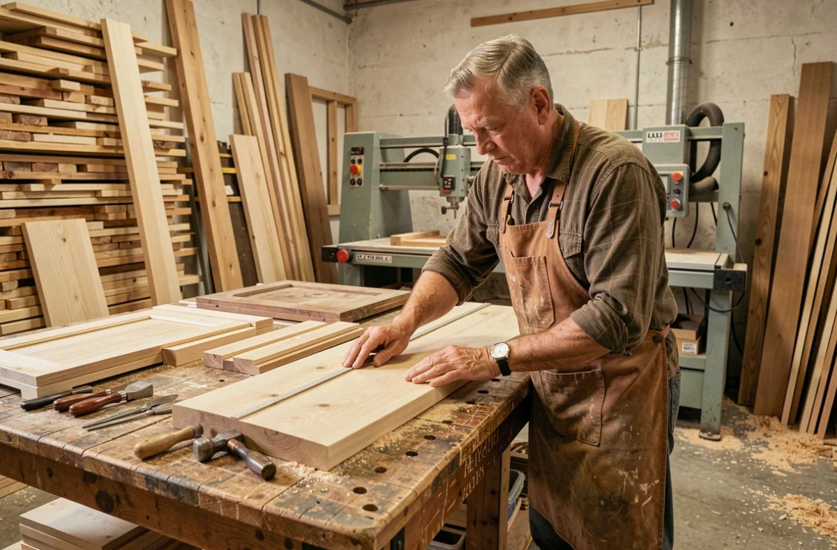 Artisan menuisier ACPC mesurant des panneaux de cuisine sur mesure dans son atelier