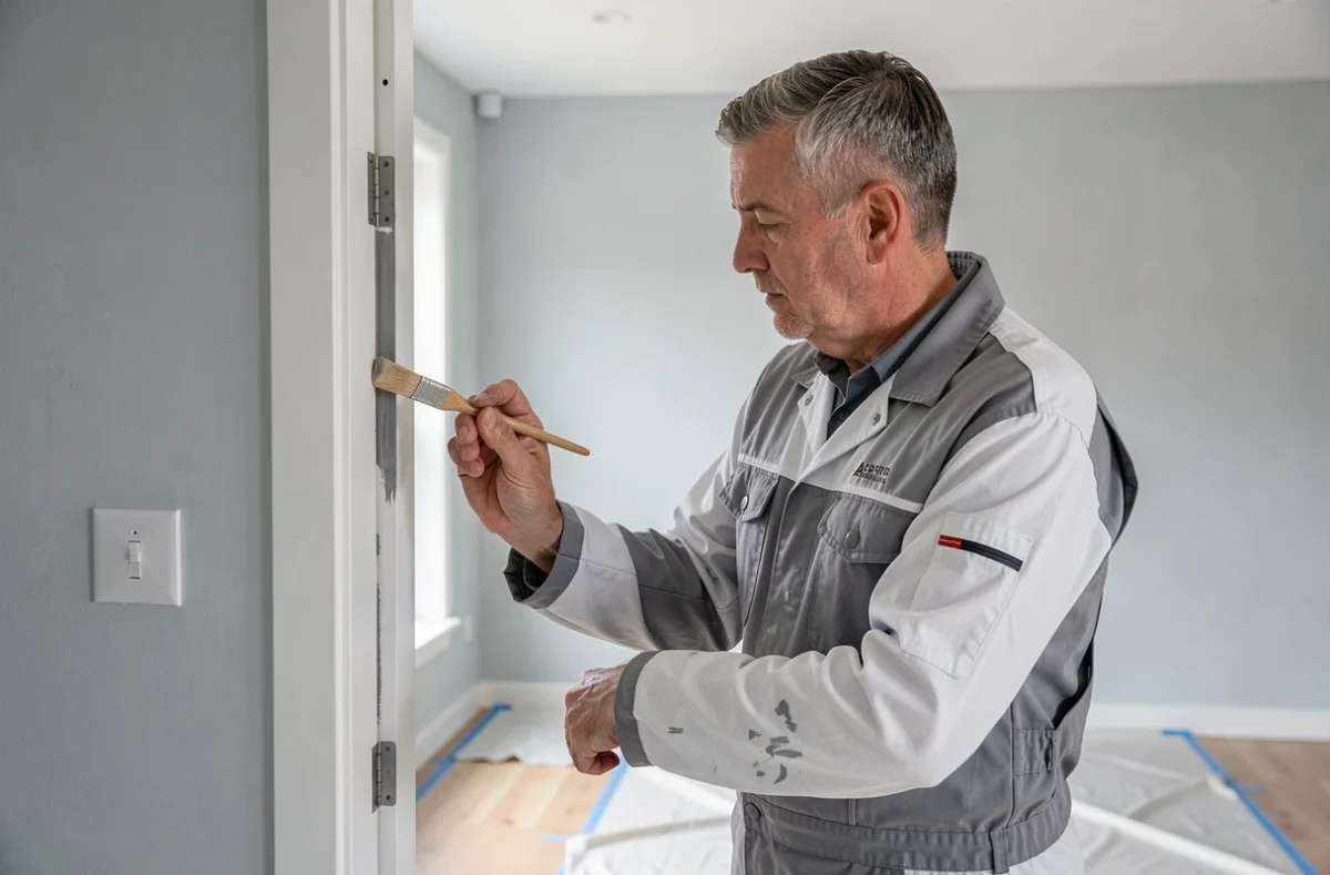 Peintre professionnel ACR Peinture réalisant une découpe soignée autour d'un encadrement de porte dans un appartement moderne