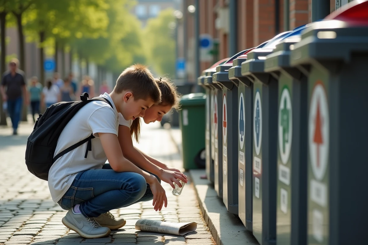 Deux adolescents déposant des déchets dans des poubelles de tri sélectif en milieu urbain