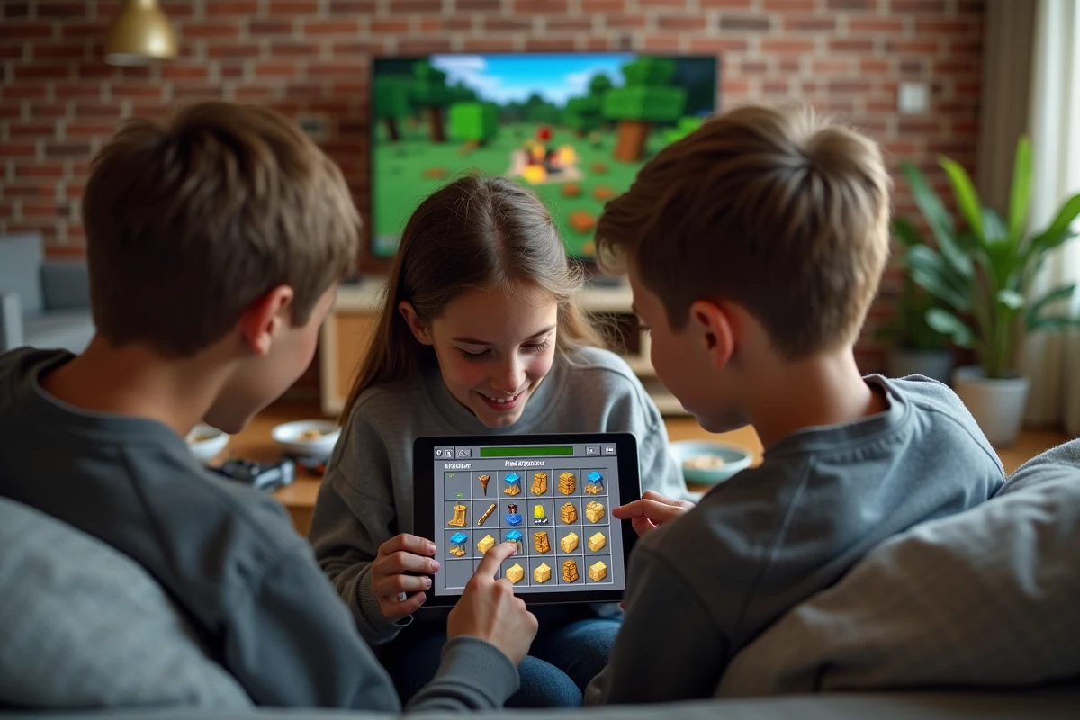 Deux adolescents découvrant ensemble le craft du lit Minecraft sur une tablette dans un salon décontracté