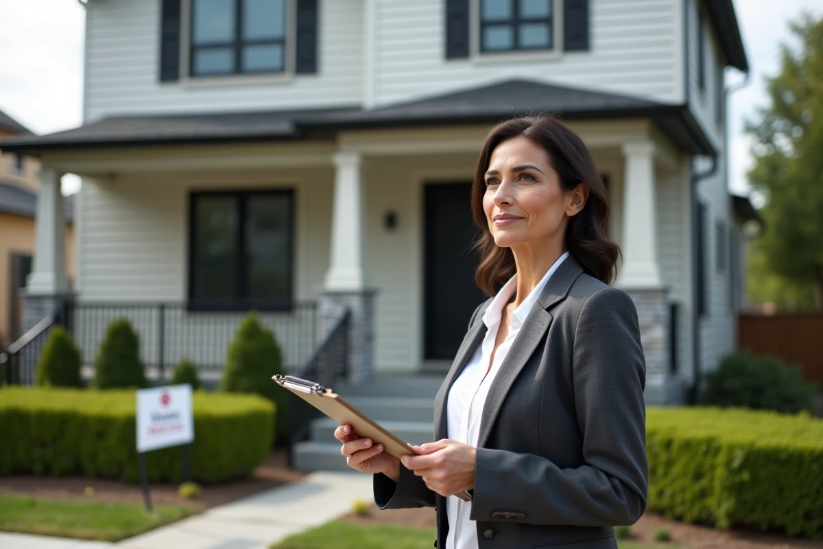 Agent immobilier devant une maison rénovée avec jardin aménagé prête à la vente