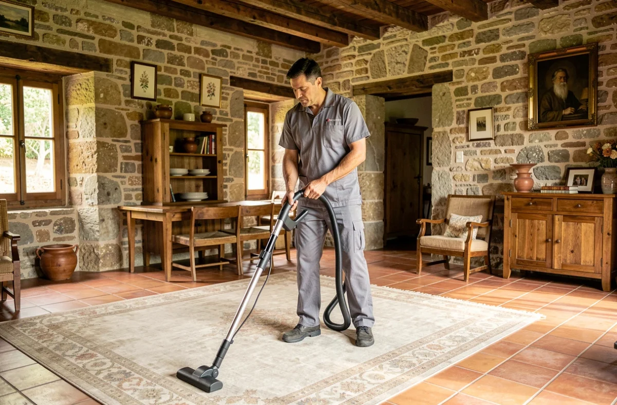 Agent de ménage professionnel aspirant le salon d'une maison traditionnelle en Occitanie
