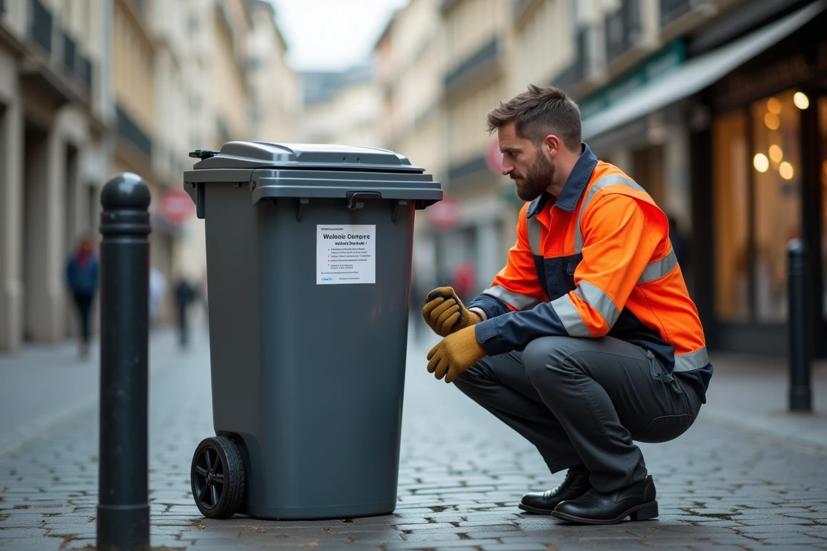 Agent de collecte des ordures lisant une notice sur une nouvelle poubelle dans une rue française