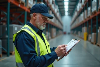 Agent de sécurité en uniforme vérifiant une liste de contrôle dans un entrepôt industriel