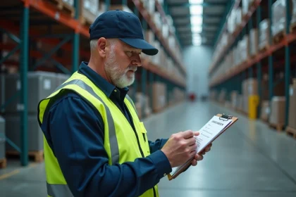Agent de sécurité en uniforme vérifiant une liste de contrôle dans un entrepôt industriel