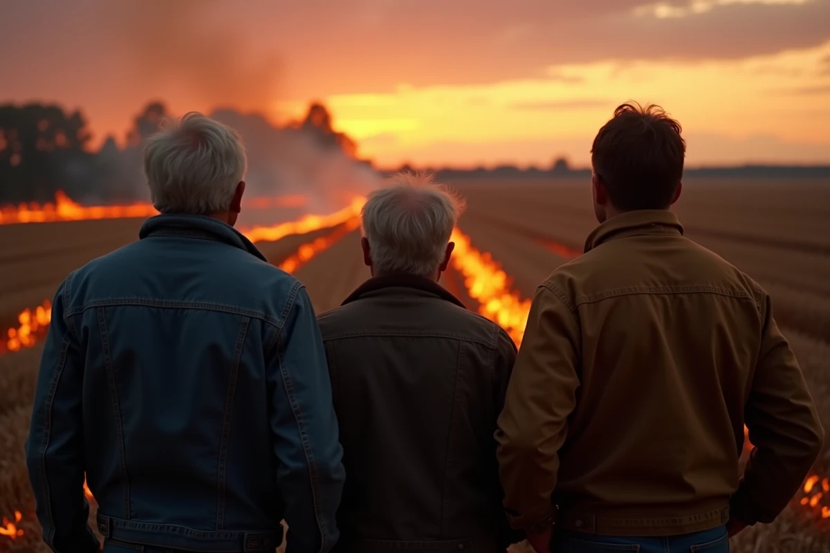 Groupe d'agriculteurs observant un feu à récompense en bordure de champ agricole au crépuscule