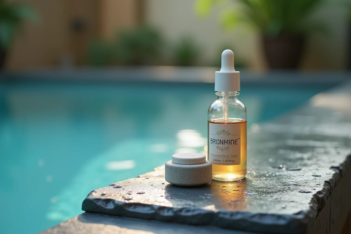 Traitements alternatifs au chlore pour spa posés sur une bordure en ardoise humide avec eau cristalline en arrière-plan