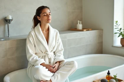 Femme en robe de bain blanche assise au bord d'une baignoire dans une salle de bain style spa à domicile