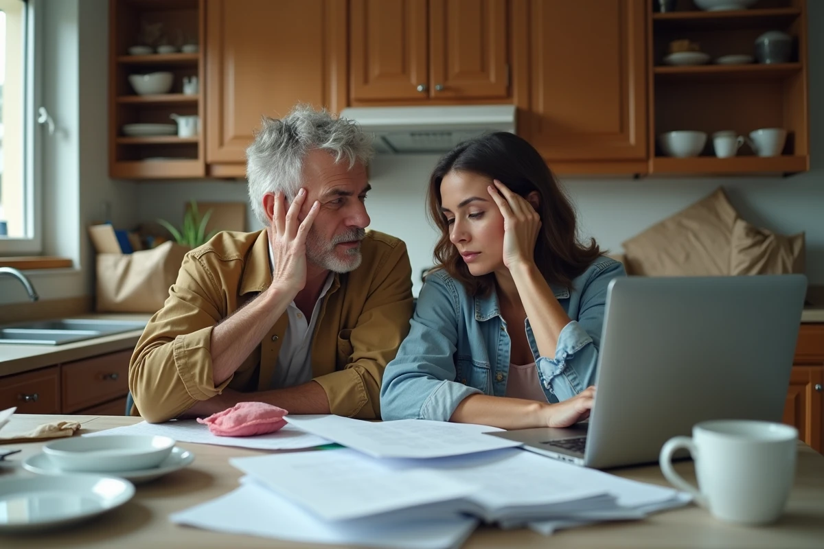 Couple stressé assis à une table de cuisine entourée de documents administratifs lors de la préparation d'un déménagement