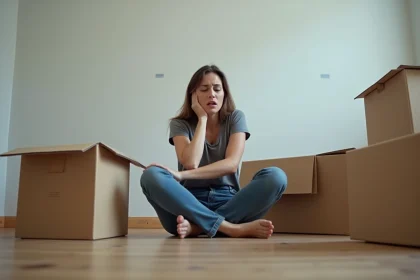 Femme stressée assise sur le sol d'un appartement vide entourée de cartons lors d'un déménagement