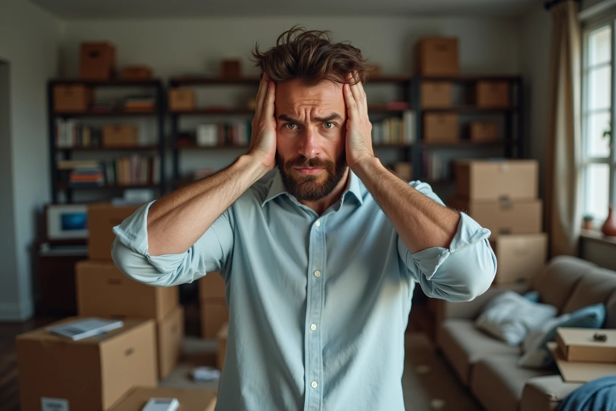 Homme dépassé par le stress du déménagement debout dans un salon encombré de cartons et d'affaires