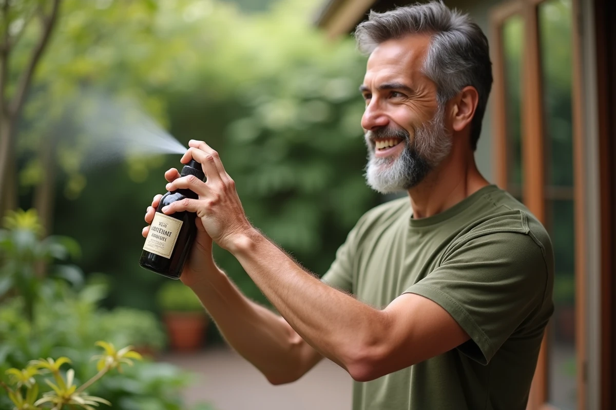 Homme appliquant un insectifuge naturel maison sur sa peau en terrasse de jardin