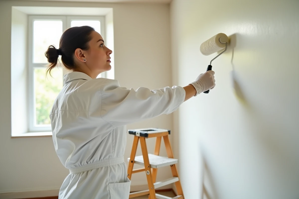 Femme appliquant une sous-couche d'accrochage au rouleau sur un mur recouvert d'ancienne peinture glycéro