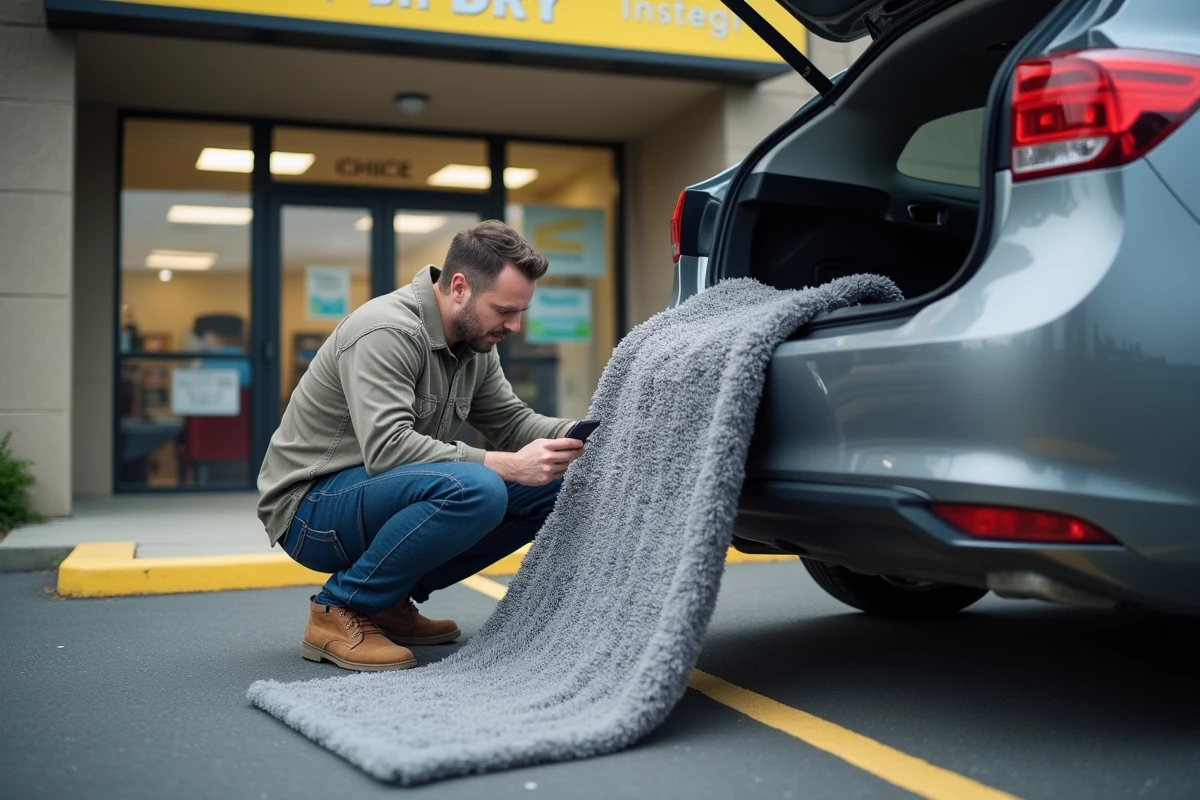 Homme sortant un grand tapis gris du coffre de sa voiture devant l'entrée d'un pressing pour le faire nettoyer