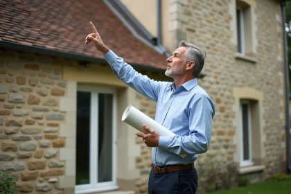 Architecte examinant la façade d'une maison en pierre pour évaluer la possibilité de rehaussement