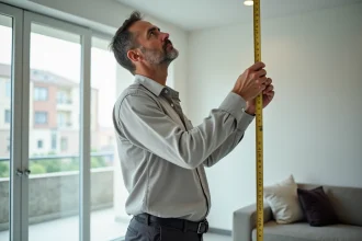Architecte mesurant la hauteur sous plafond dans un salon moderne et lumineux avec mètre ruban