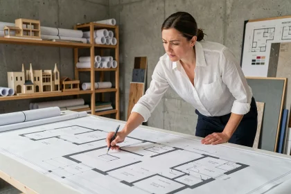 Architecte analysant un plan de maison en L avec 4 chambres posé sur une table de travail en studio