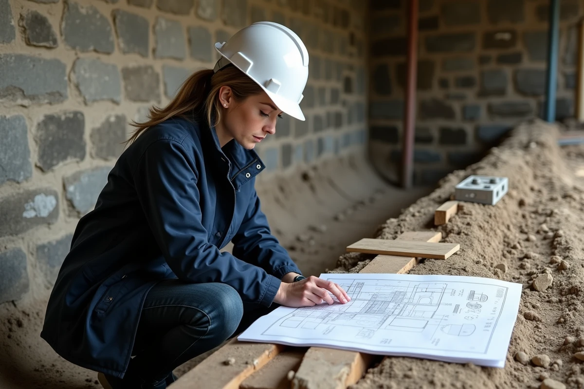 Architecte féminine examinant des plans techniques lors de la construction d'une cave à vin dans une ferme en pierre