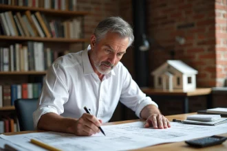 Architecte examinant des plans de construction d'une maison de 100m2 sur une table de travail professionnelle