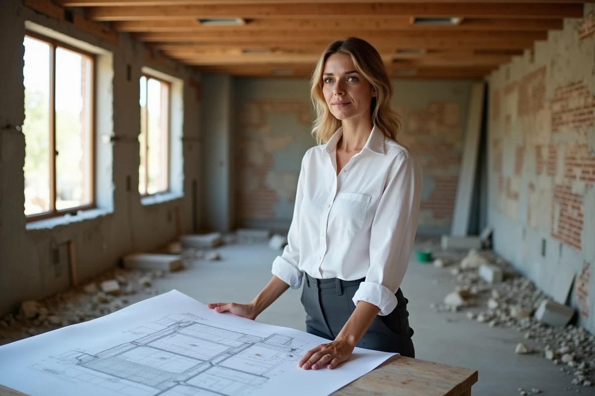 Architecte étudiant les plans de remplacement des fondations à l'intérieur d'une maison en cours de rénovation structurelle