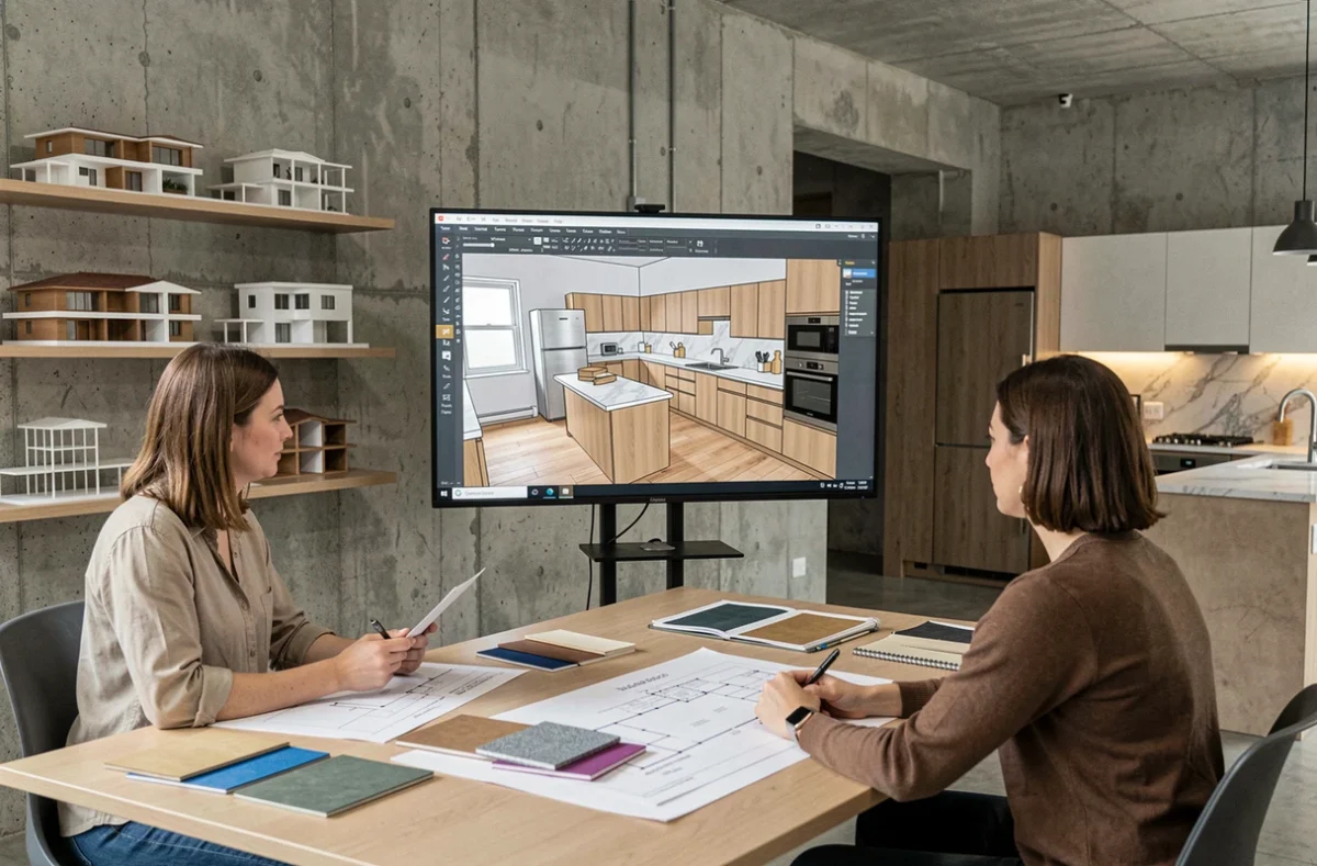 Designer ARESE présentant un projet de cuisine 3D à des clients en studio