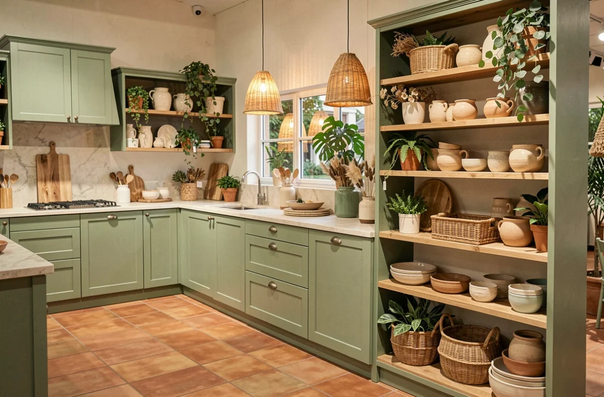 Exposition Arjade Art Jardin Decoration Lille avec cuisine en vert sauge, carrelage terracotta, étagères végétalisées et accessoires artisanaux