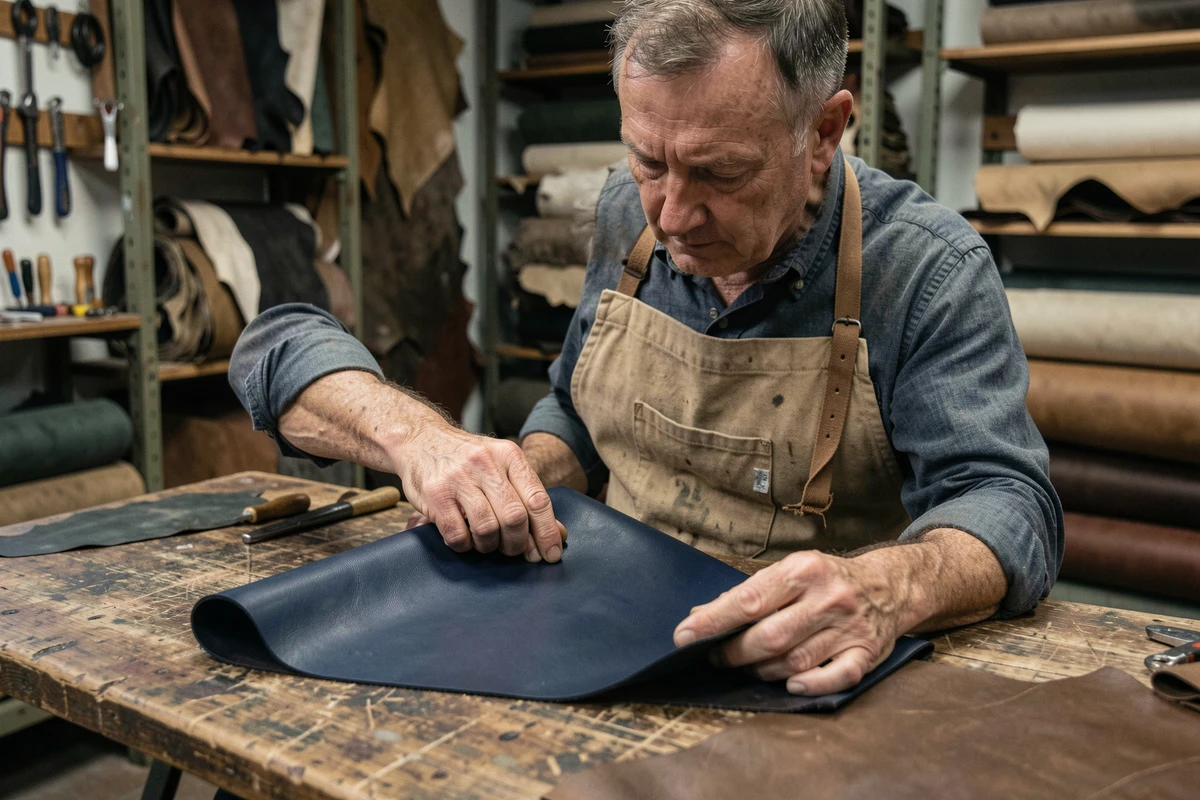 Artisan maroquinier inspectant un panneau de cuir aniline bleu marine pour vérifier le pull-up et le comportement naturel au pli