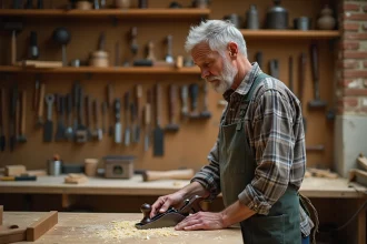 Artisan menuisier sélectionnant un rabot parmi des outils manuels organisés sur un panneau dans un atelier en bois