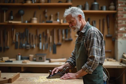 Artisan menuisier sélectionnant un rabot parmi des outils manuels organisés sur un panneau dans un atelier en bois