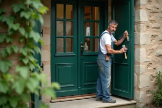 Artisan appliquant de la peinture verte sur une porte en bois d'une maison en pierre, technique de sublimation de porte