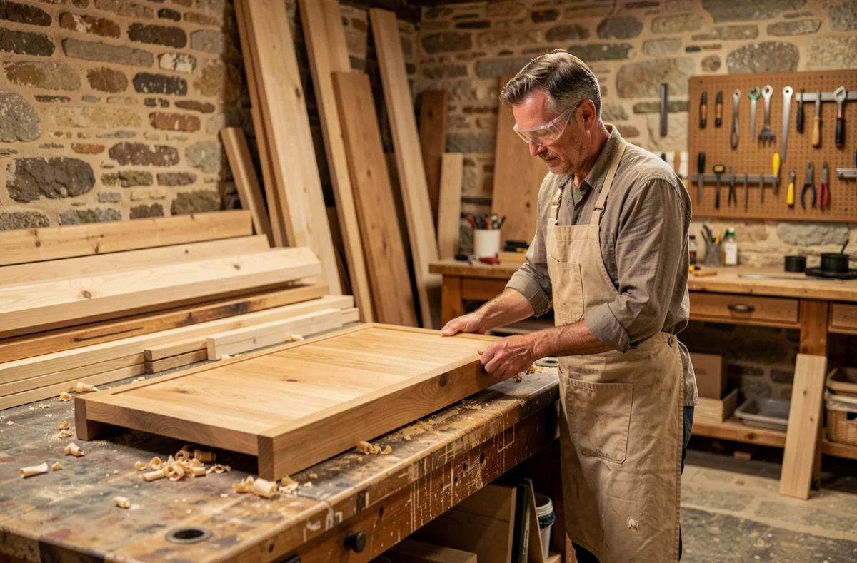 Artisan menuisier cuisiniste d'Arts du Bois et Espaces assemblant des meubles en bois massif dans la Sarthe