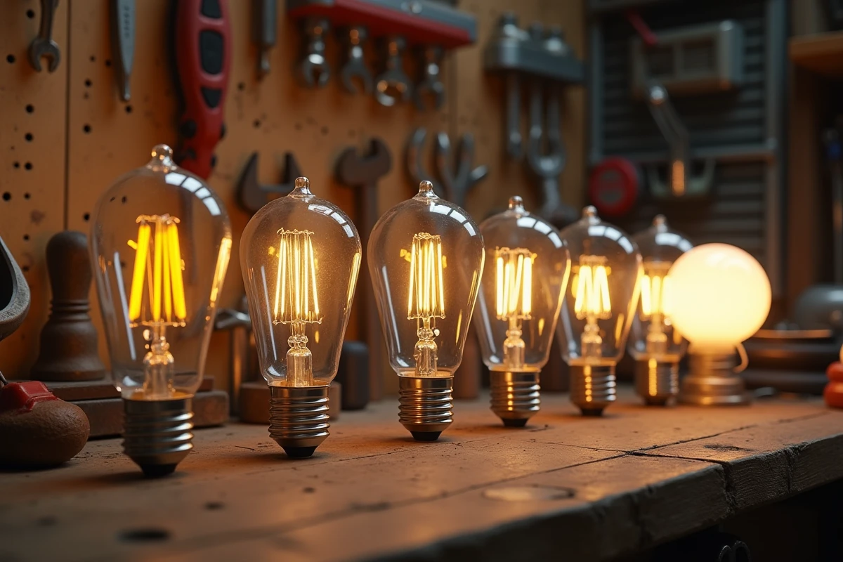 Assortiment de différents types d'ampoules LED disposées sur un établi en bois avec des étiquettes de comparaison dans un atelier