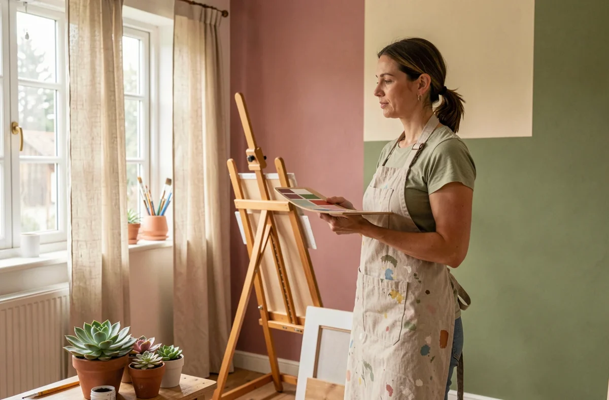 Peintre décoratrice de l'Atelier des Couleurs Morbihan évaluant un mur bicolore rose et vert olive dans un atelier intérieur breton