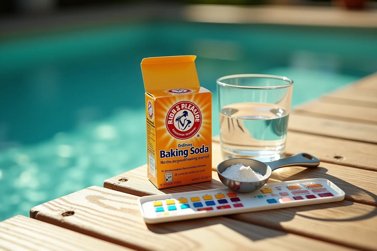 Gros plan sur du bicarbonate de soude ordinaire, une cuillère de mesure et un kit de test pH posés sur une table en bois près d'une piscine
