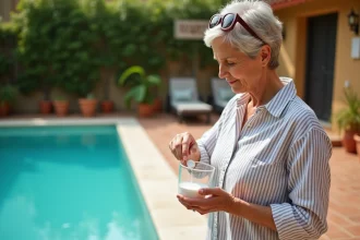 Femme mesurant du bicarbonate de soude ordinaire au bord d'une piscine extérieure avec carrelage en terre cuite