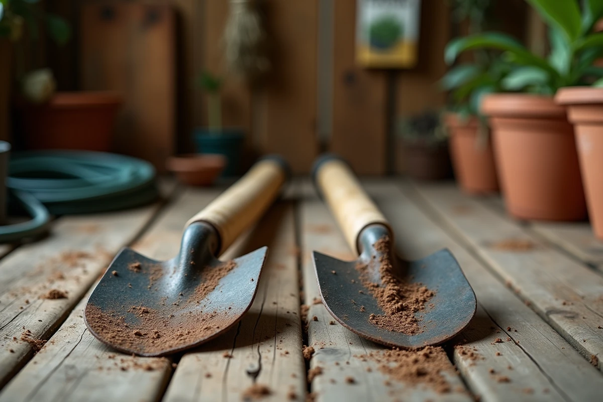 Deux binettes de jardinage posées sur des planches en bois dans un abri de jardin rustique