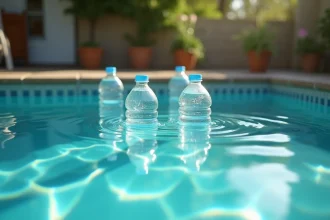 Bouteilles d'eau en plastique flottant dans une piscine extérieure lors d'une journée d'été