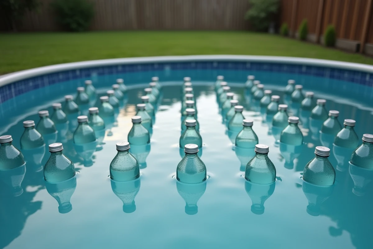 Bouteilles d'eau disposées en grille à la surface d'une piscine hors-sol dans un jardin