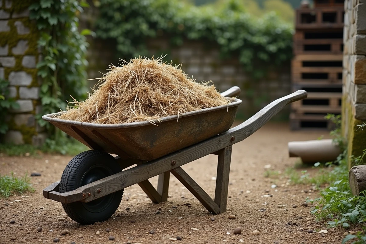 Brouette en bois remplie de fumier de mouton brut avec de la paille dans un jardin rustique