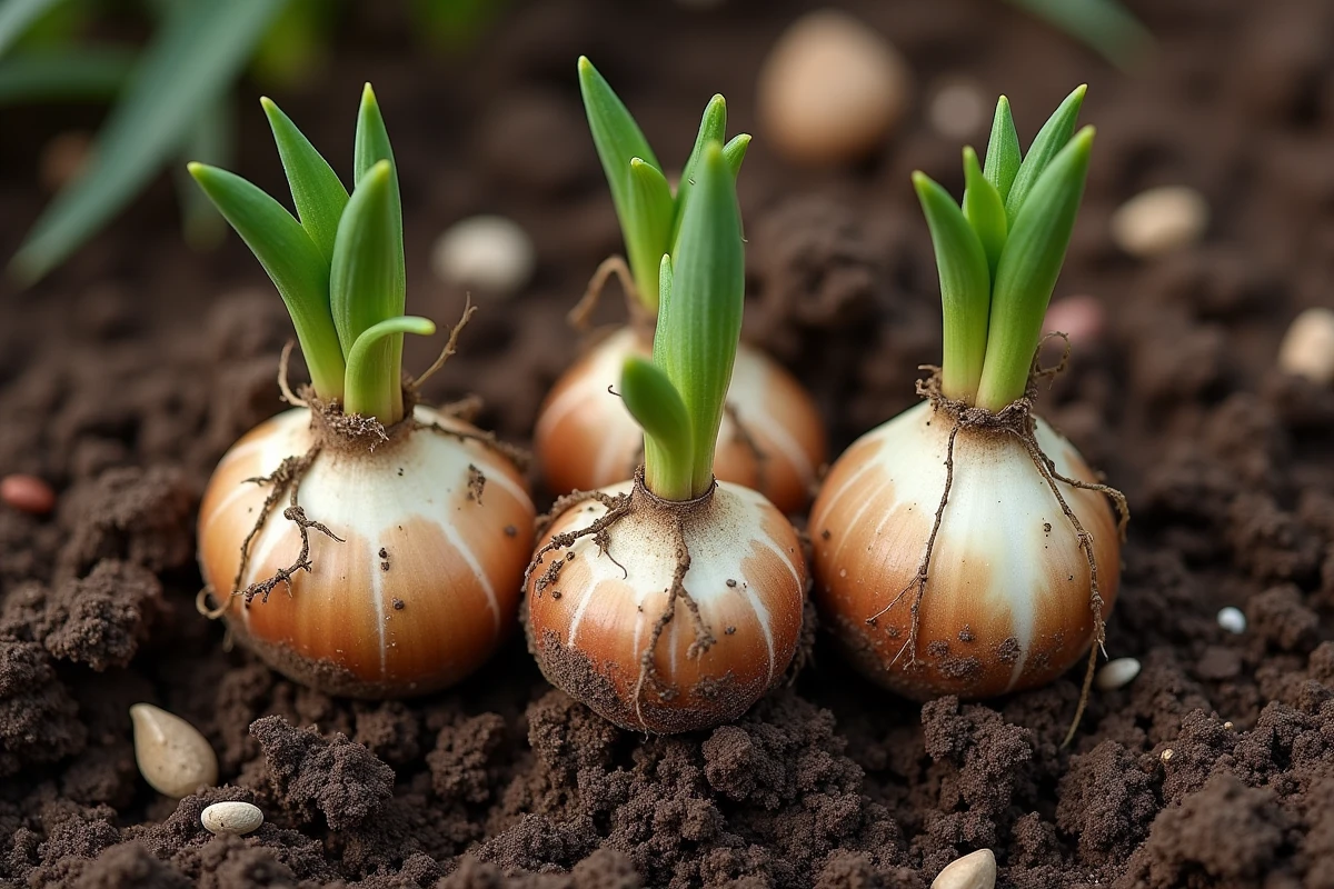 Gros plan de bulbes de lys en terre avec de jeunes pousses naissantes au début du printemps