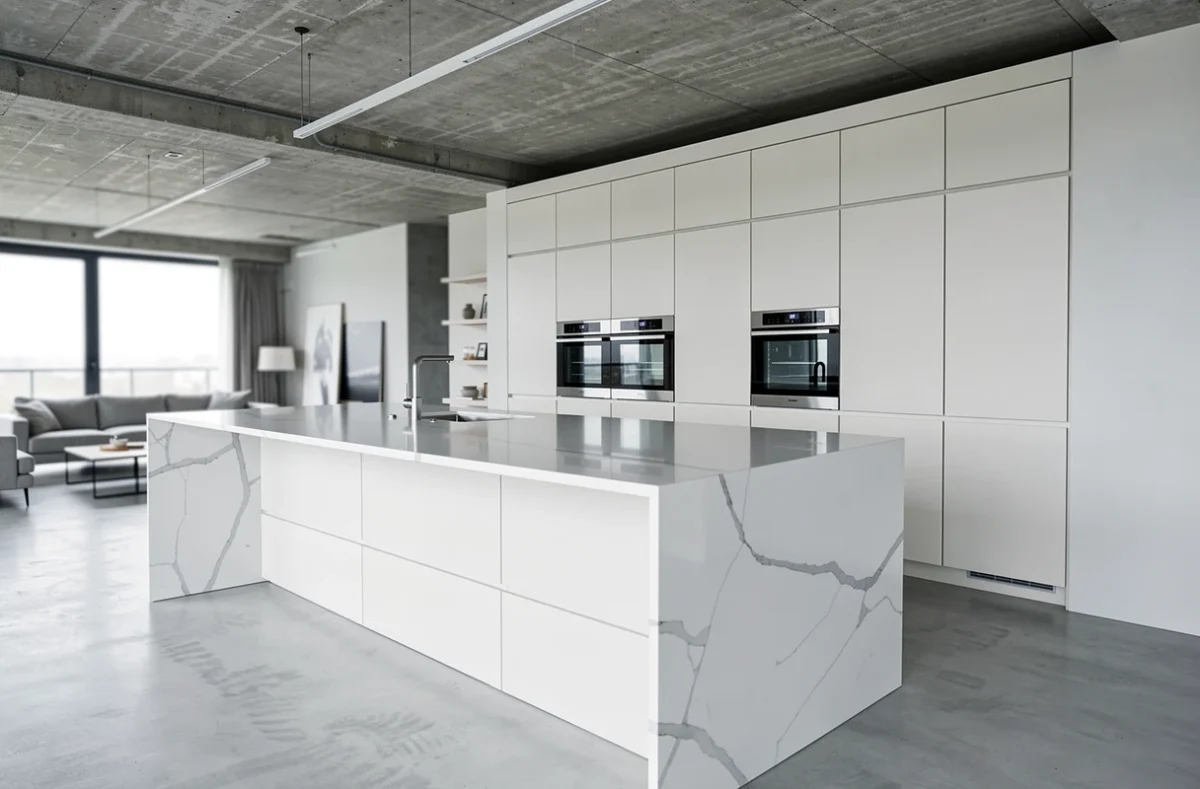 Cuisine Bulthaup Lille en laque blanche mat avec îlot Corian et mur d'appareils intégrés dans un loft contemporain
