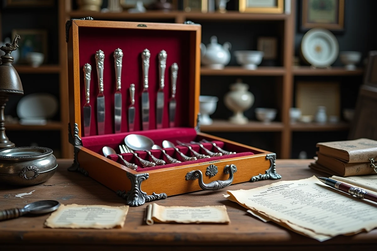 Bureau d'expertise antiquaire avec un service de couverts en métal argenté dans un écrin, loupe et fiches de poinçons pour estimation