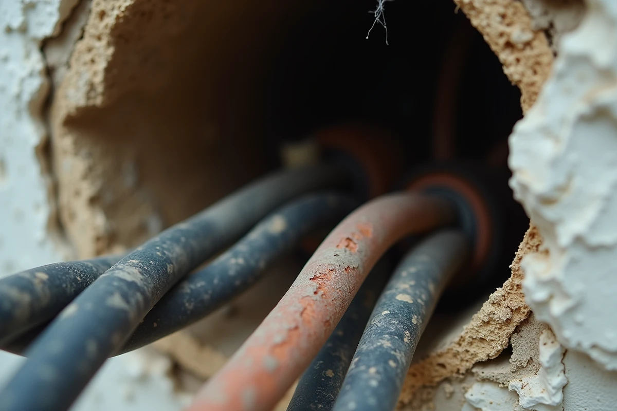 Gros plan sur des câbles électriques détériorés et fissurés dans une cloison d'appartement ancien