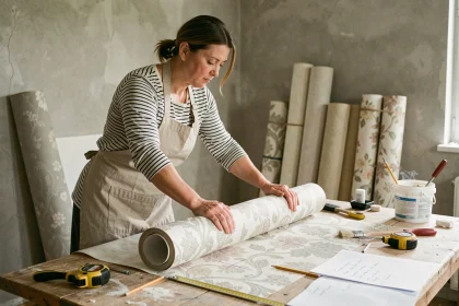 Femme mesurant un rouleau de papier peint sur une table de travail avec des outils de mesure pour calculer la quantité nécessaire pour 10m²