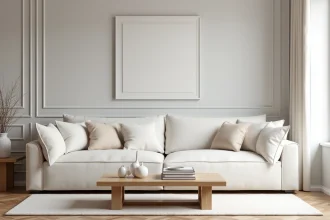 Canapé blanc en lin dans un salon moderne avec table basse en chêne et mur gris texturé
