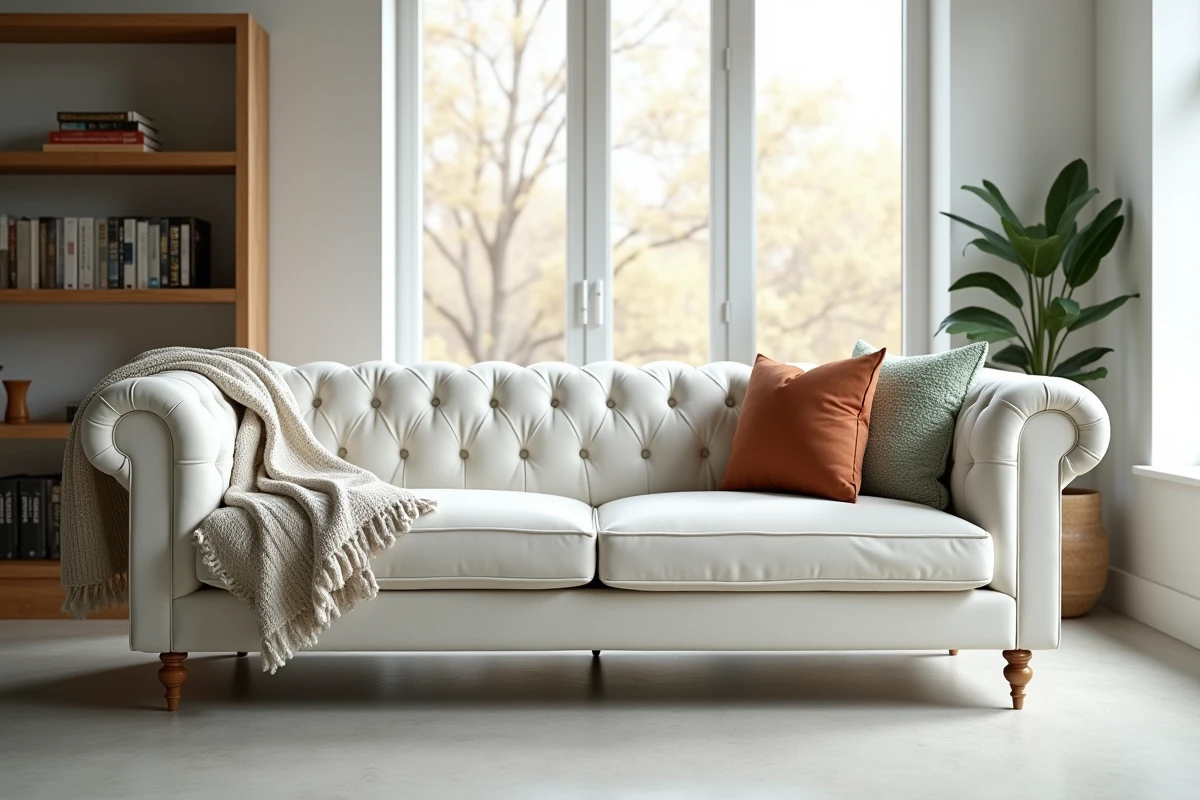 Canapé blanc en velours avec plaid tricoté dans un appartement de style scandinave