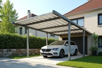 Carport moderne en acier et polycarbonate installé sans autorisation devant une maison pavillonnaire en zone résidentielle