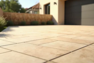 Terrasse résidentielle avec carrelage en grès cérame grand format résistant à la chaleur, finition mate sablée