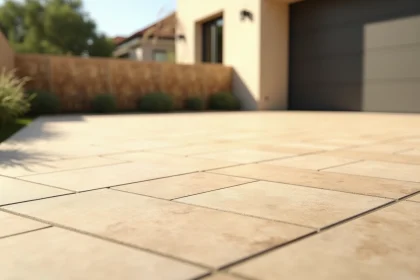Terrasse résidentielle avec carrelage en grès cérame grand format résistant à la chaleur, finition mate sablée